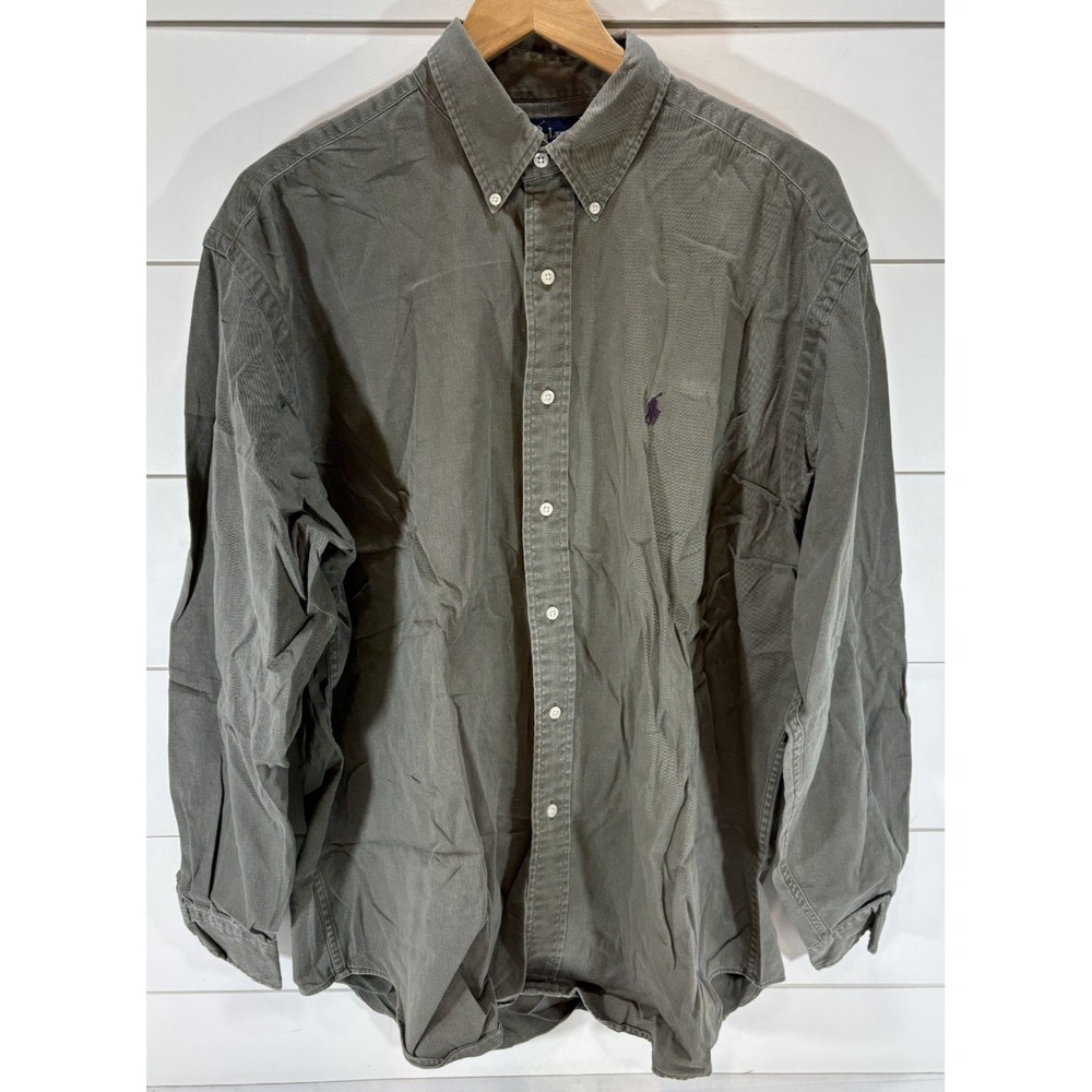 Vintage Ralph Lauren Men's XL Olive Green Cotton Long Sleeve Button Down Shirt